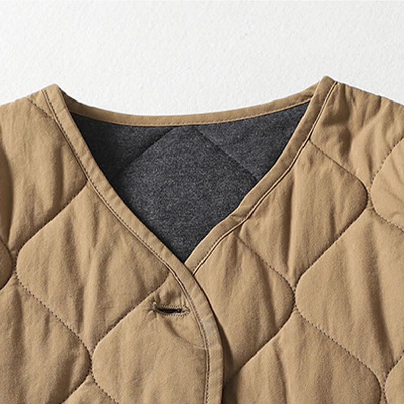 Abrigo de algodón para mujer con cuello en V, manga larga, bolsillos, botones lisos y estampado de Buddha Stones. - image 2