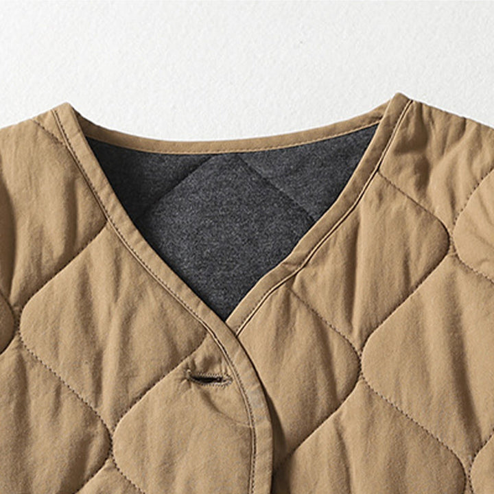 Abrigo de algodón para mujer con cuello en V, manga larga, bolsillos, botones lisos y estampado de Buddha Stones. - image 2