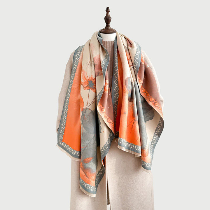 Bufanda/chal suave con estampado de hojas y flores de loto, pintado con tinta y Buddha Stones para invierno - SandyBrown - 180 x 65 cm - image 0