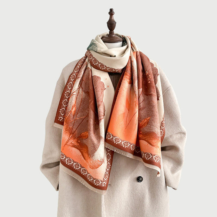Bufanda/chal suave con estampado de hojas y flores de loto, pintado con tinta y Buddha Stones para invierno - image 14