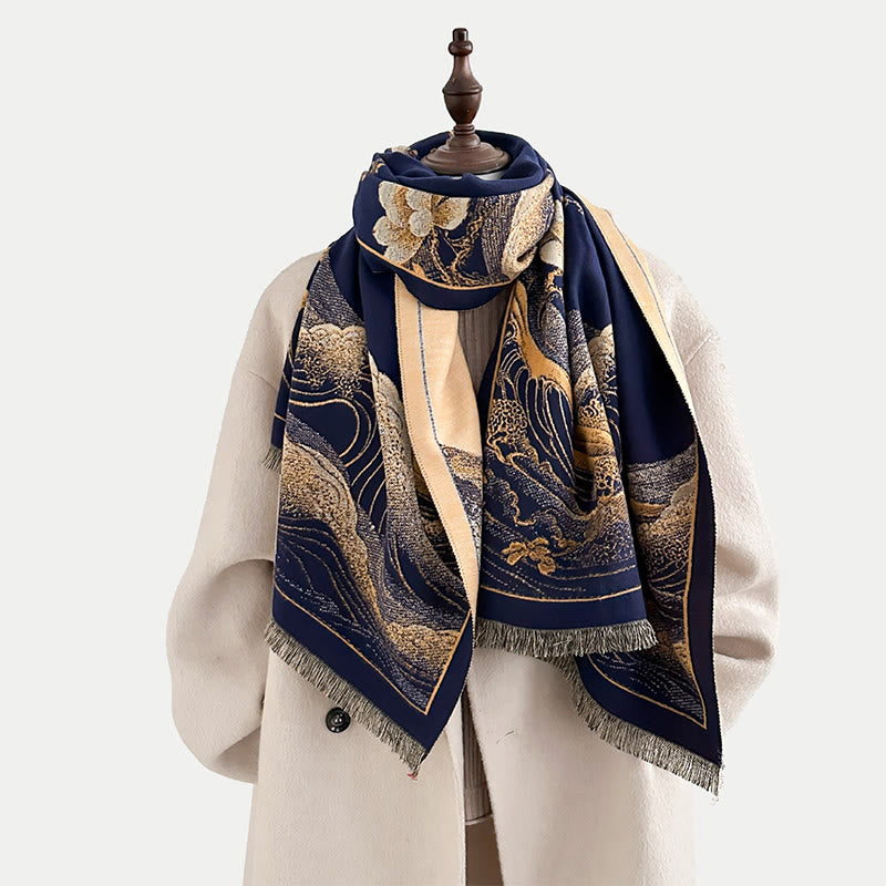 Bufanda suave con borlas, estampado de flores de loto, olas del océano y Buddha Stones. - image 12