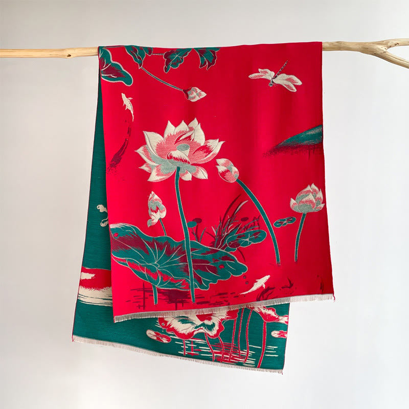 Bufanda/chal acogedor con estampado de Buddha Stones, loto, peces koi y libélulas otoñales - Rojo - 180*65 cm - image 3