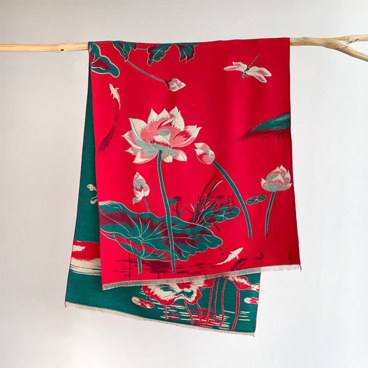 Bufanda/chal acogedor con estampado de Buddha Stones, loto, peces koi y libélulas otoñales - Rojo - 180*65 cm - image 3