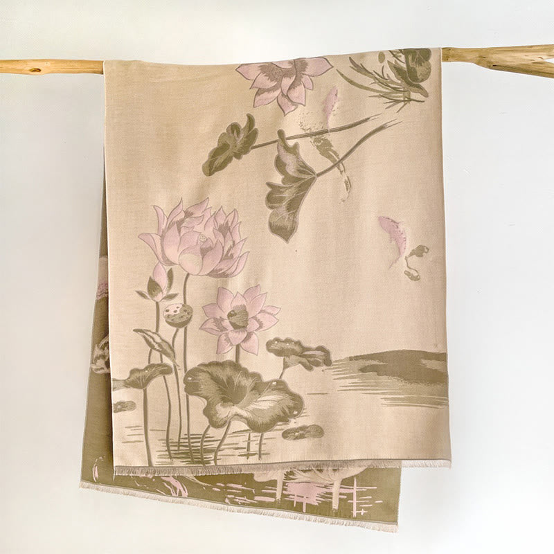 Bufanda/chal acogedor con estampado de Buddha Stones, loto, peces koi y libélulas otoñales - Blanco antiguo - 180*65 cm - image 12