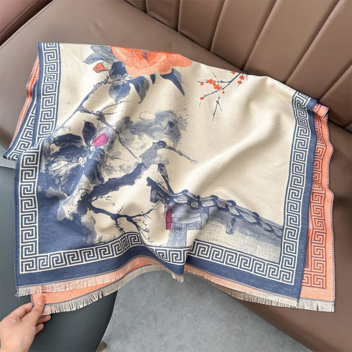 Bufanda/chal acogedor con estampado de flores de ciruelo otoñales y Buddha Stones . - Azul acero claro - 180*65 cm - image 8