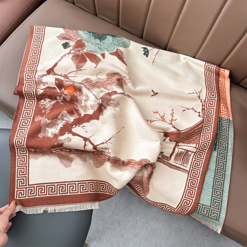 Bufanda/chal acogedor con estampado de flores de ciruelo otoñales y Buddha Stones . - image 1