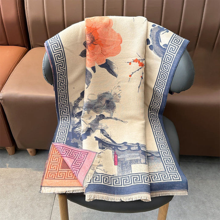 Bufanda/chal acogedor con estampado de flores de ciruelo otoñales y Buddha Stones . - image 11