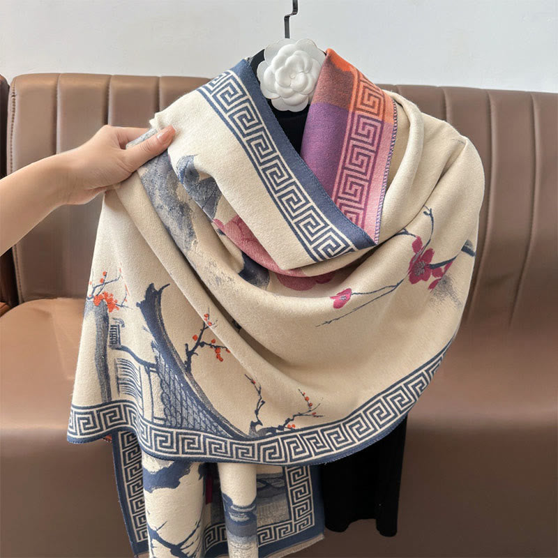 Bufanda/chal acogedor con estampado de flores de ciruelo otoñales y Buddha Stones . - image 10