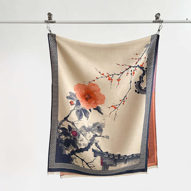 Bufanda/chal acogedor con estampado de flores de ciruelo otoñales y Buddha Stones . - image 9