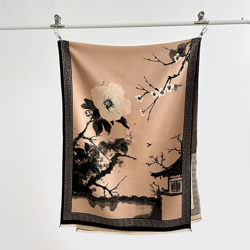 Bufanda/chal acogedor con estampado de flores de ciruelo otoñales y Buddha Stones . - image 17