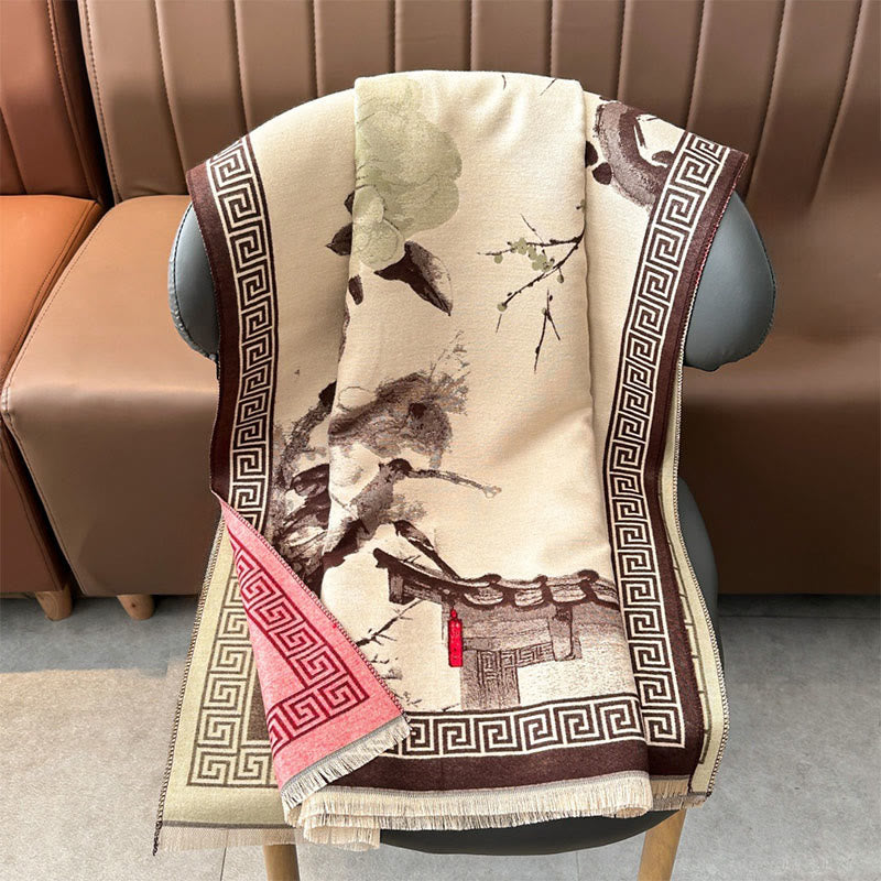 Bufanda/chal acogedor con estampado de flores de ciruelo otoñales y Buddha Stones . - image 14