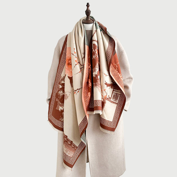 Bufanda/chal acogedor con estampado de flores de ciruelo otoñales y Buddha Stones . - image 3