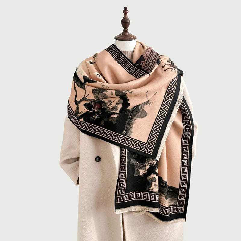 Bufanda/chal acogedor con estampado de flores de ciruelo otoñales y Buddha Stones . - image 18