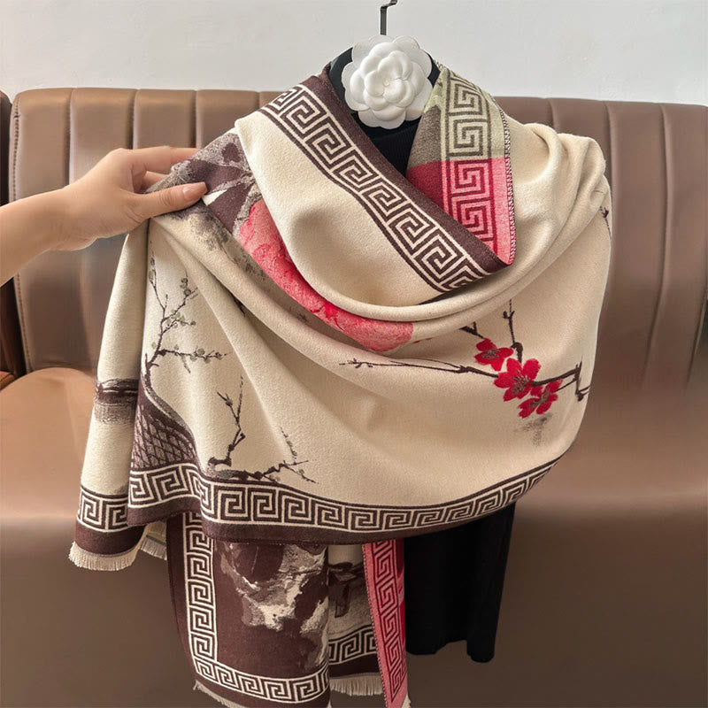 Bufanda/chal acogedor con estampado de flores de ciruelo otoñales y Buddha Stones . - image 13