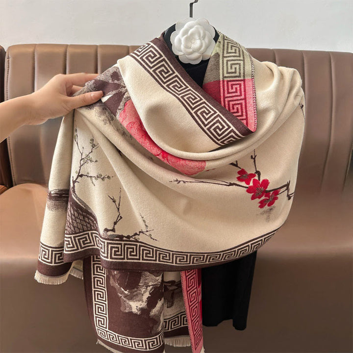 Bufanda/chal acogedor con estampado de flores de ciruelo otoñales y Buddha Stones . - image 13