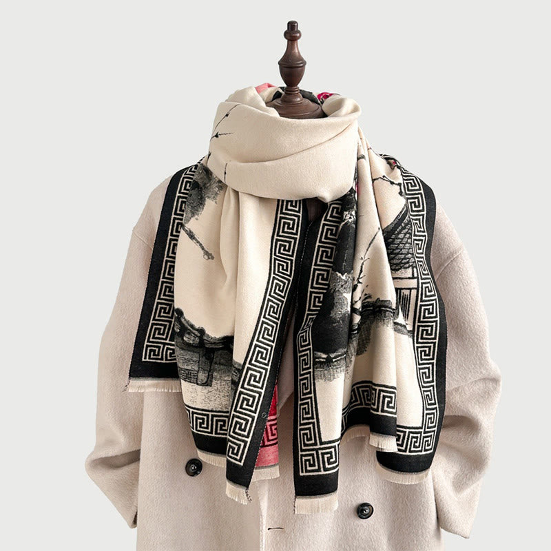 Bufanda/chal acogedor con estampado de flores de ciruelo otoñales y Buddha Stones . - image 6