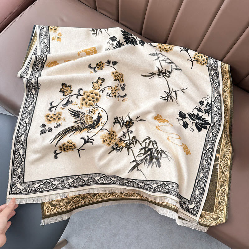 Bufanda/chal suave con estampado de Buddha Stones, pájaros de invierno, hojas de bambú y enredaderas. - Beige - 180*65 cm - image 8