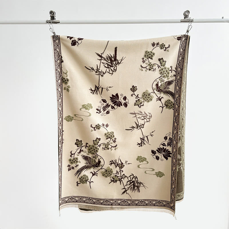 Bufanda/chal suave con estampado de Buddha Stones, pájaros de invierno, hojas de bambú y enredaderas. - image 13