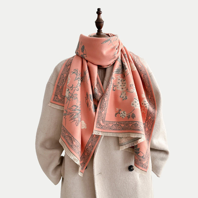 Bufanda/chal suave con estampado de Buddha Stones, pájaros de invierno, hojas de bambú y enredaderas. - image 3