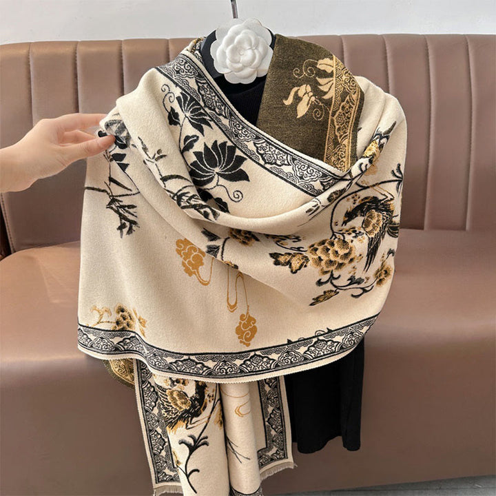 Bufanda/chal suave con estampado de Buddha Stones, pájaros de invierno, hojas de bambú y enredaderas. - image 11