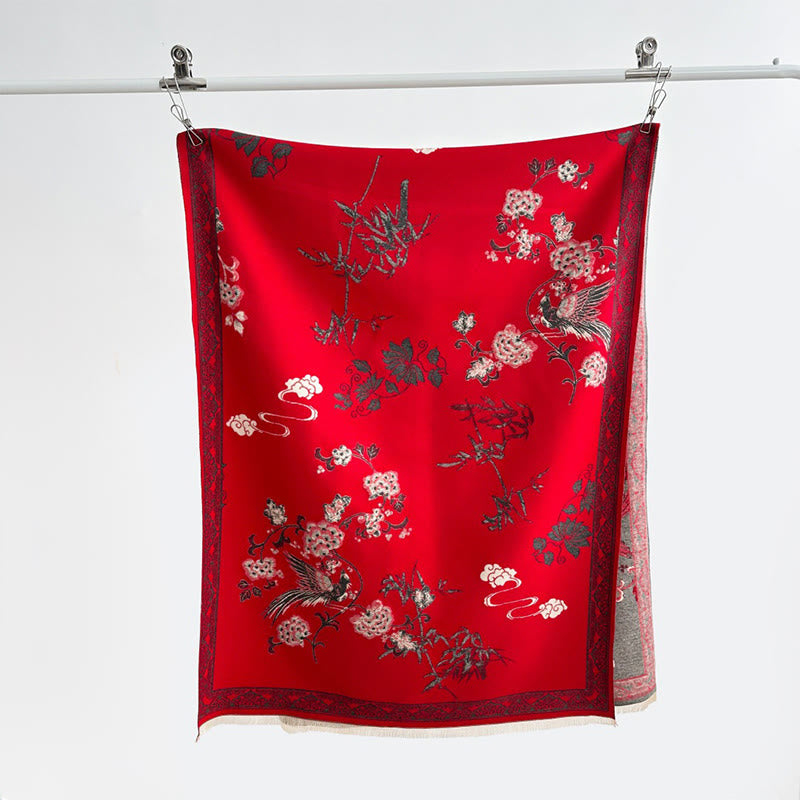 Bufanda/chal suave con estampado de Buddha Stones, pájaros de invierno, hojas de bambú y enredaderas. - image 5