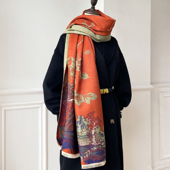 Bufanda/chal acogedor con estampado de Buddha Stones otoñales, árboles y pabellón - image 8