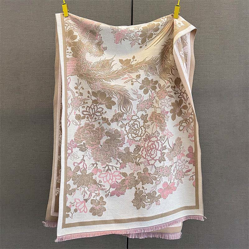 Bufanda/chal suave con estampado de flores y fénix otoñales con Buddha Stones - Caqui oscuro - 185*65 cm - image 4