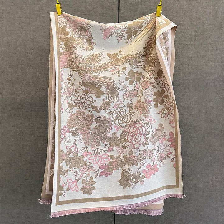 Bufanda/chal suave con estampado de flores y fénix otoñales con Buddha Stones - Caqui oscuro - 185*65 cm - image 4