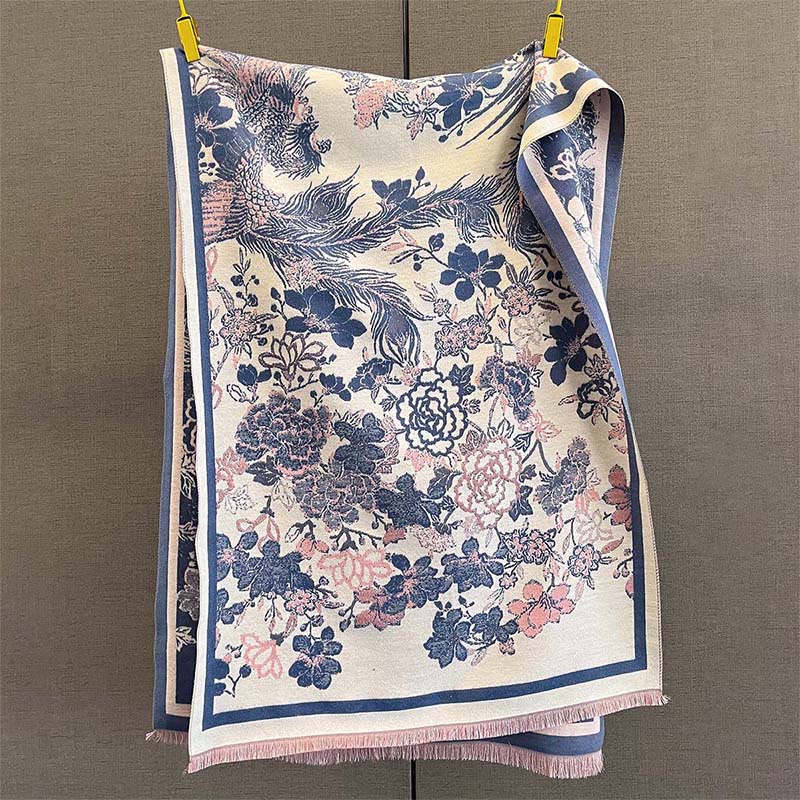 Bufanda/chal suave con estampado de flores y fénix otoñales con Buddha Stones - Azul acero - 185*65 cm - image 8