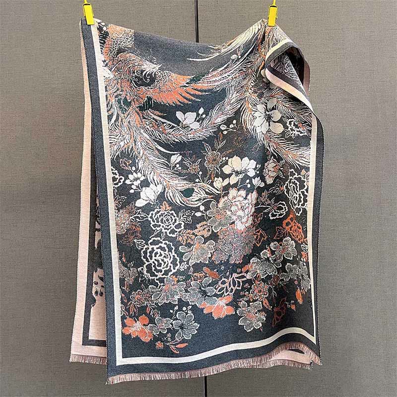 Bufanda/chal suave con estampado de flores y fénix otoñales con Buddha Stones - Gris tenue - 185*65 cm - image 12