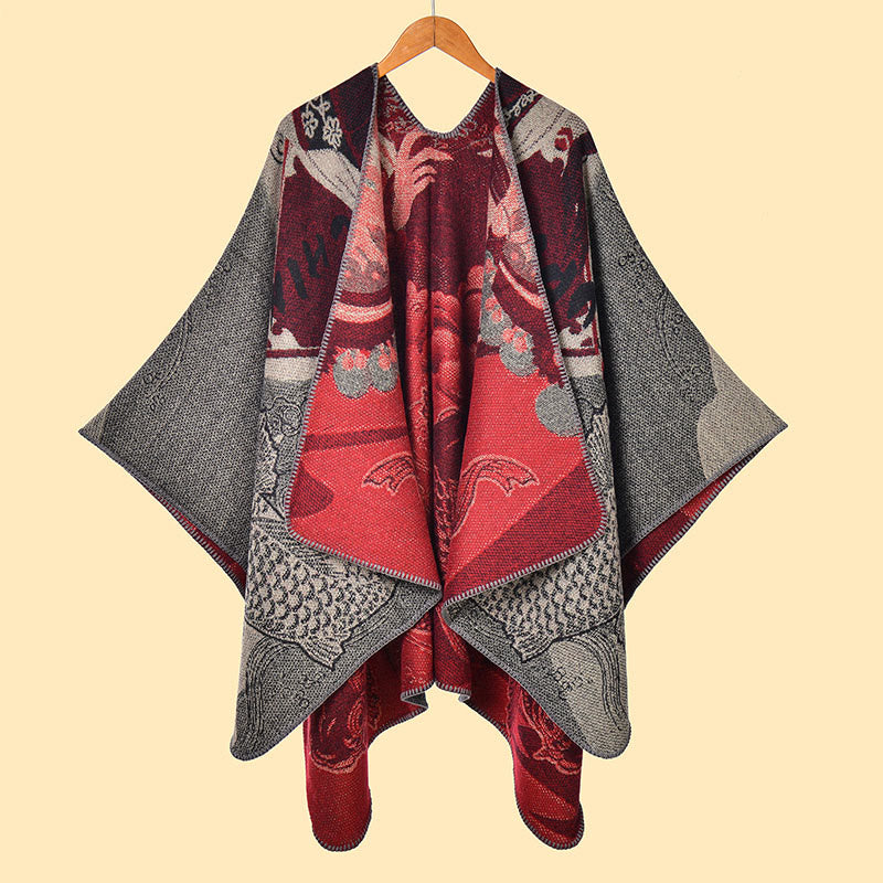 Bufanda/chal cálido y acogedor con estampado de olas y peces koi de invierno con Buddha Stones - image 1