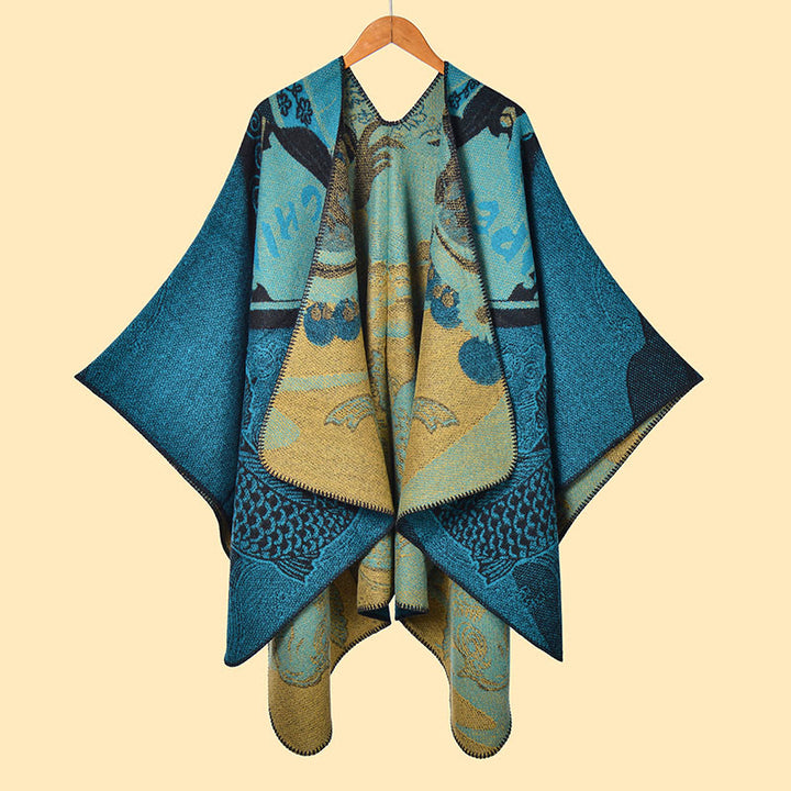 Bufanda/chal cálido y acogedor con estampado de olas y peces koi de invierno con Buddha Stones - Azul aciano - 130*150 cm - image 10