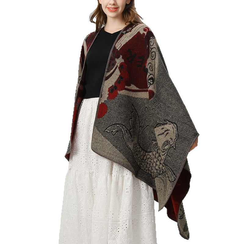 Bufanda/chal cálido y acogedor con estampado de olas y peces koi de invierno con Buddha Stones - image 8