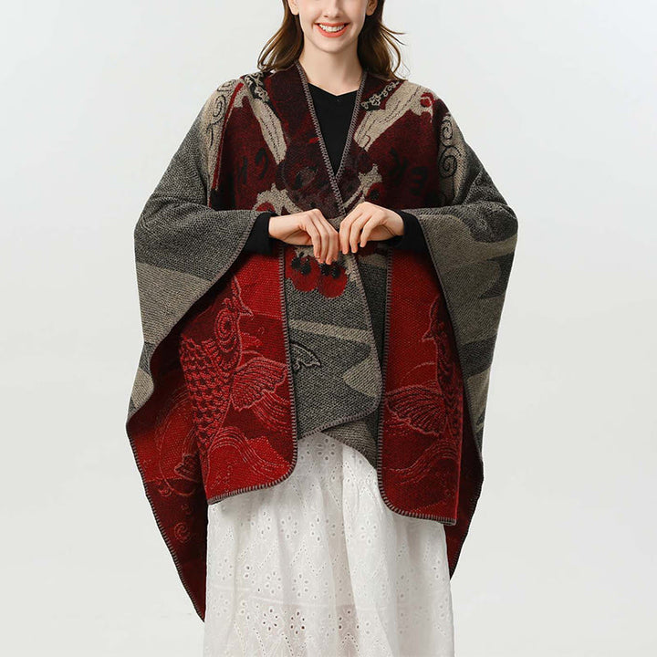 Bufanda/chal cálido y acogedor con estampado de olas y peces koi de invierno con Buddha Stones - Rojo indio - 130 x 150 cm - image 0