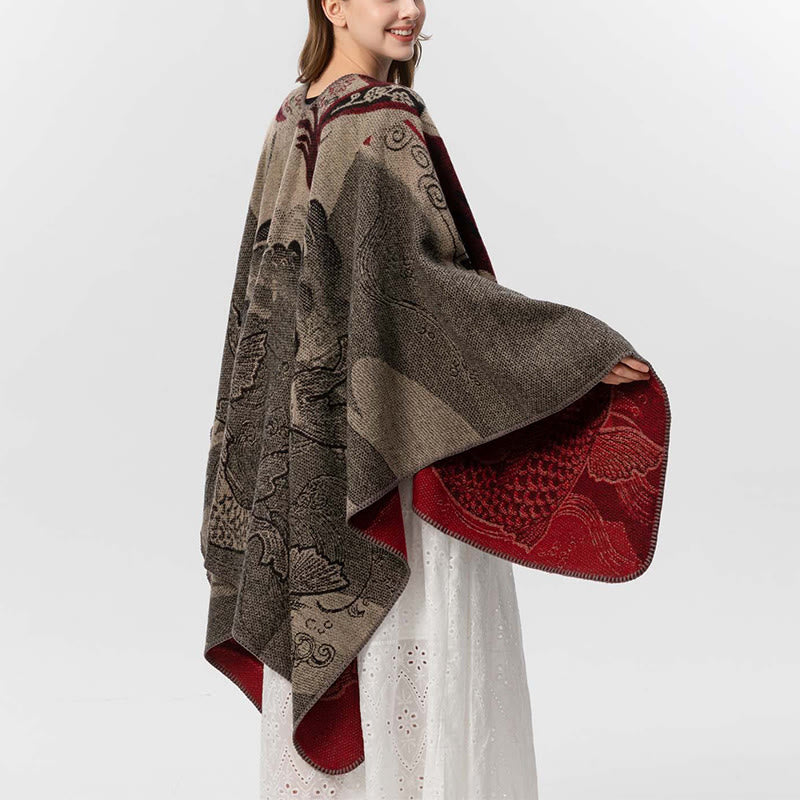 Bufanda/chal cálido y acogedor con estampado de olas y peces koi de invierno con Buddha Stones - image 6