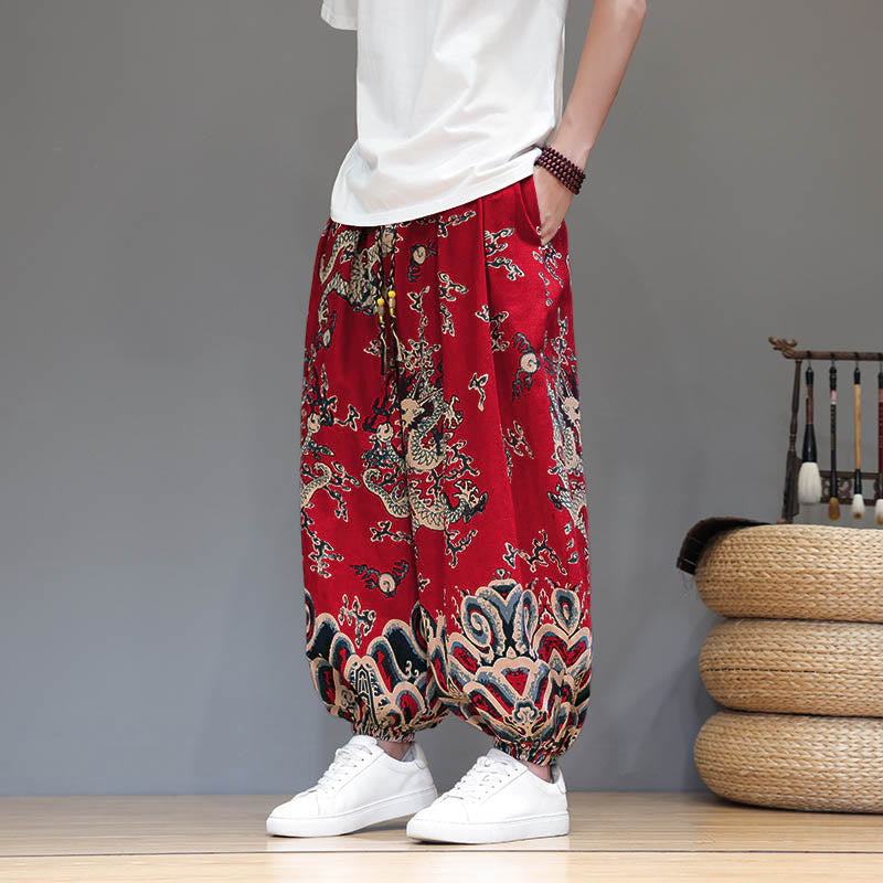 Pantalones tipo harem para hombre, de algodón y lino, con diseño de dragón y Buddha Stones, cordón ajustable y bolsillos. - Rojo - US/UK/AU46, EU56 (5XL) - image 0