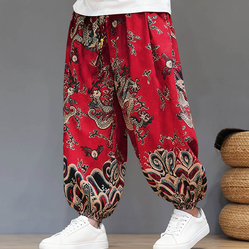 Pantalones tipo harem para hombre, de algodón y lino, con diseño de dragón y Buddha Stones, cordón ajustable y bolsillos. - image 1