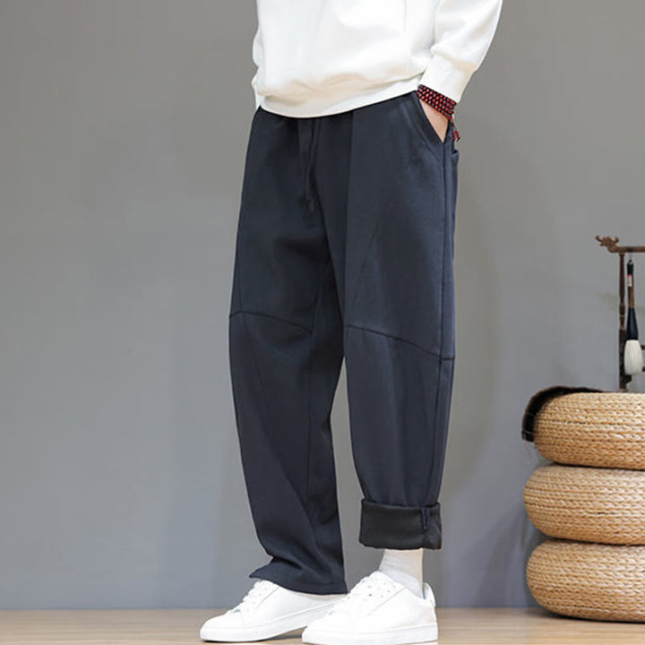 Pantalones de lino y algodón para hombre, de color liso, con forro polar y estampado de Buddha Stones, con bolsillos. - image 7