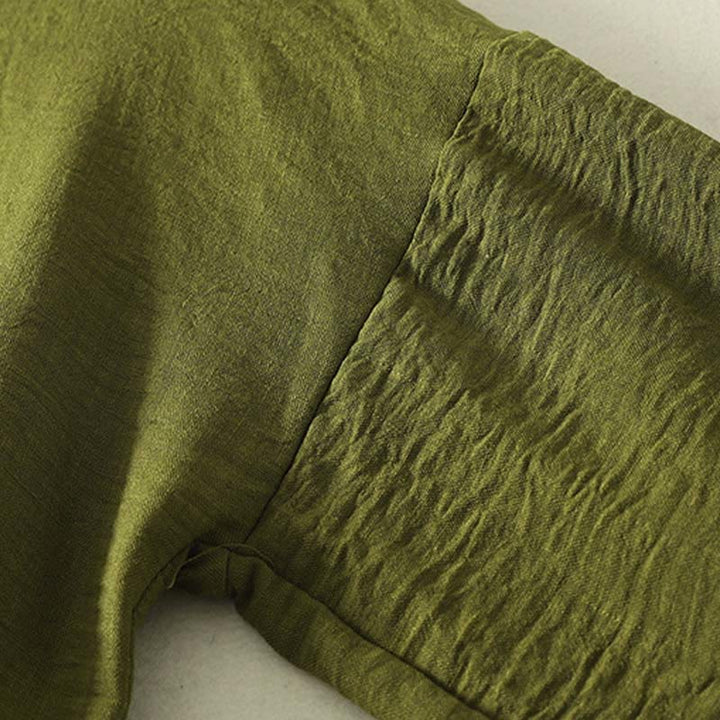 Camisa informal de manga larga para mujer, color verde oliva, cuello redondo, de algodón y lino, con estampado de Buddha Stones. - image 5