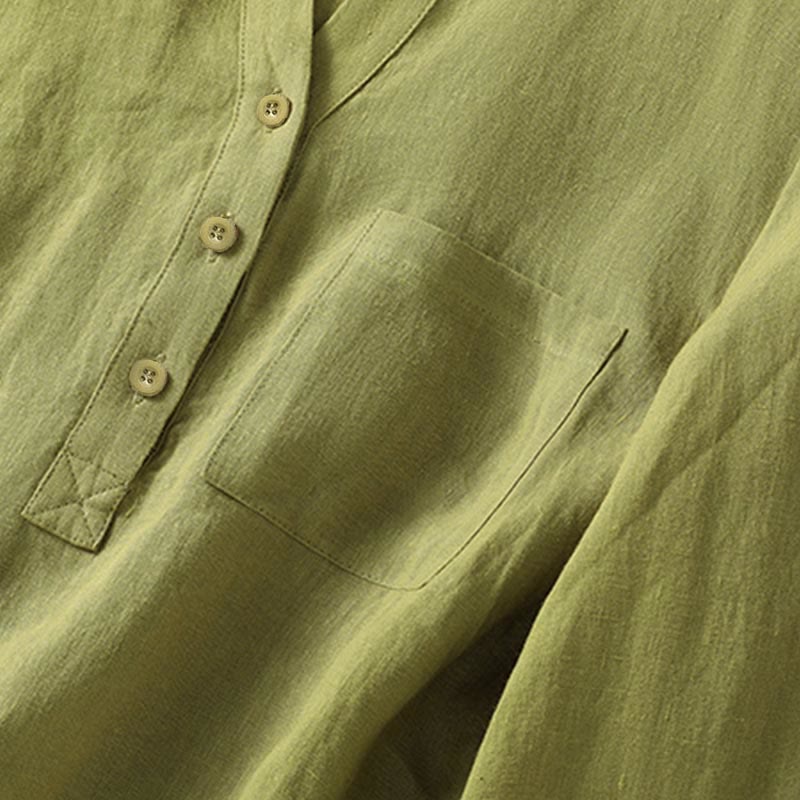 Camisa de manga larga para mujer, color caqui oscuro con cuello alto y medio botón, con estampado de Buddha Stones. - image 6