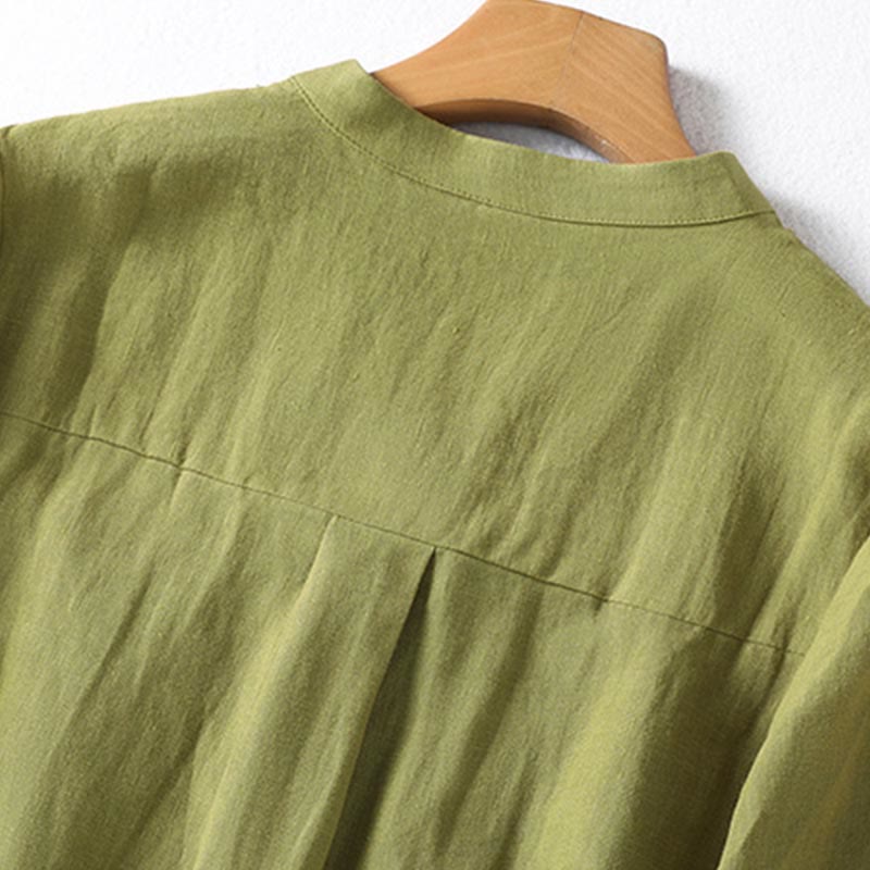 Camisa de manga larga para mujer, color caqui oscuro con cuello alto y medio botón, con estampado de Buddha Stones. - image 4