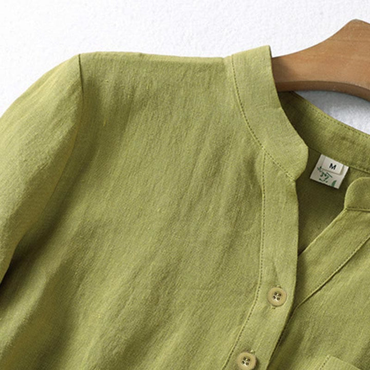 Camisa de manga larga para mujer, color caqui oscuro con cuello alto y medio botón, con estampado de Buddha Stones. - image 5