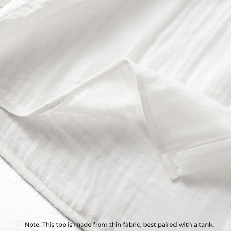 Camisa de algodón de manga larga para mujer con cuello de volantes y estampado de Buddha Stones en color blanco - image 8