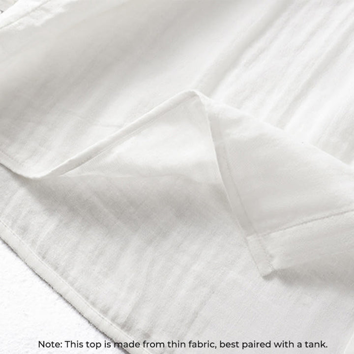 Camisa de algodón de manga larga para mujer con cuello de volantes y estampado de Buddha Stones en color blanco - image 8