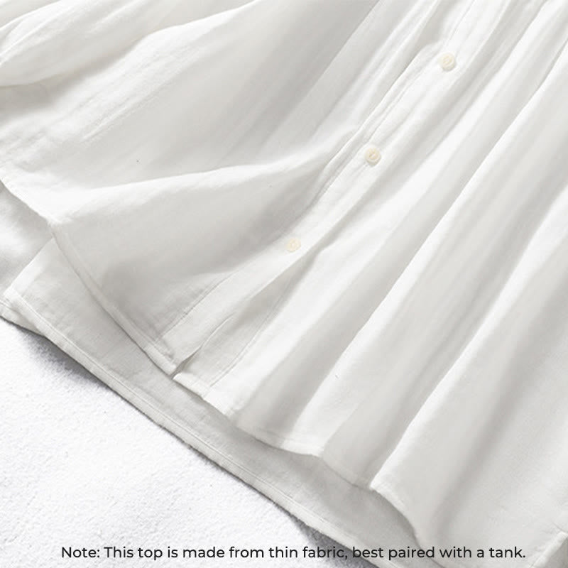 Camisa de algodón de manga larga para mujer con cuello de volantes y estampado de Buddha Stones en color blanco - image 7