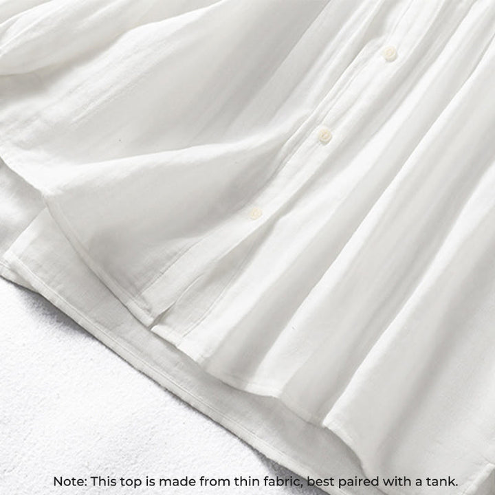 Camisa de algodón de manga larga para mujer con cuello de volantes y estampado de Buddha Stones en color blanco - image 7