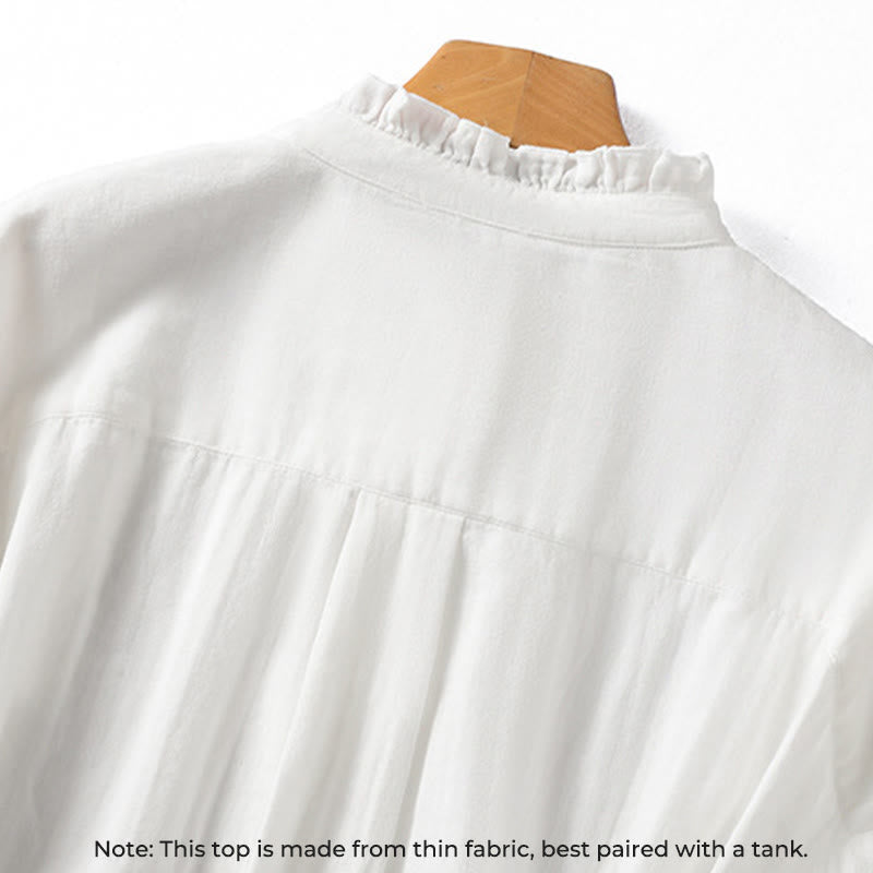 Camisa de algodón de manga larga para mujer con cuello de volantes y estampado de Buddha Stones en color blanco - image 4