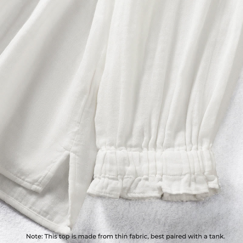 Camisa de algodón de manga larga para mujer con cuello de volantes y estampado de Buddha Stones en color blanco - image 6