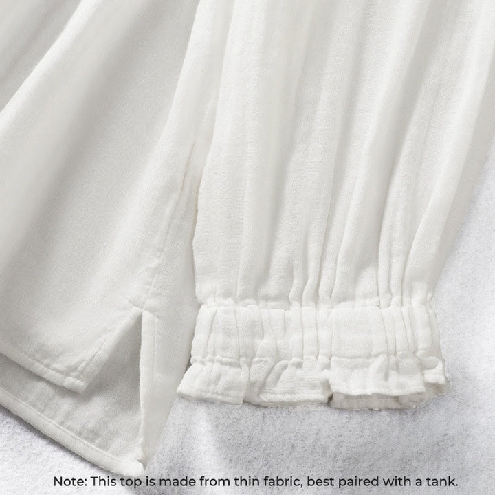 Camisa de algodón de manga larga para mujer con cuello de volantes y estampado de Buddha Stones en color blanco - image 6