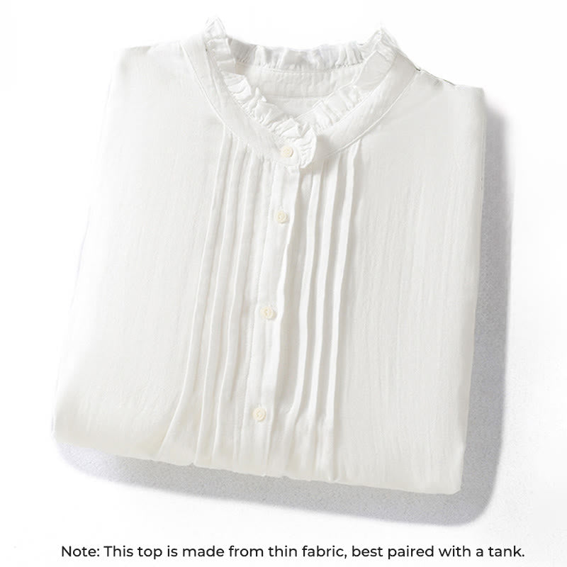 Camisa de algodón de manga larga para mujer con cuello de volantes y estampado de Buddha Stones en color blanco - image 2